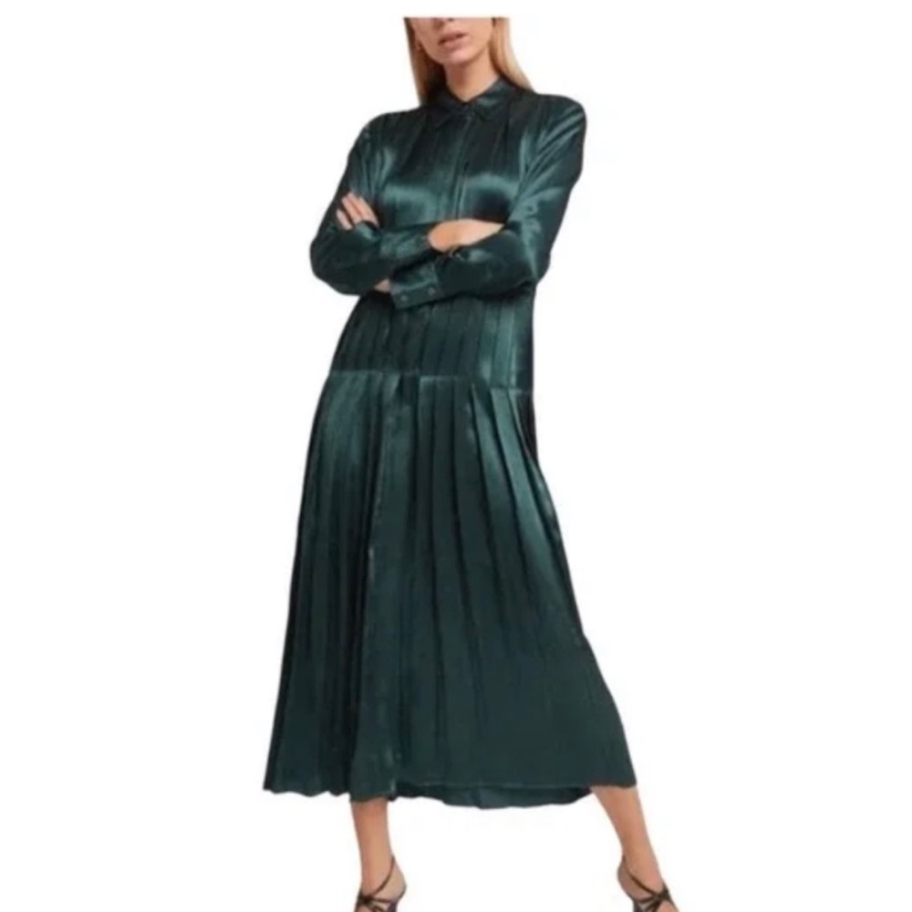 CO Pleated hammered-satin midi shirt dress